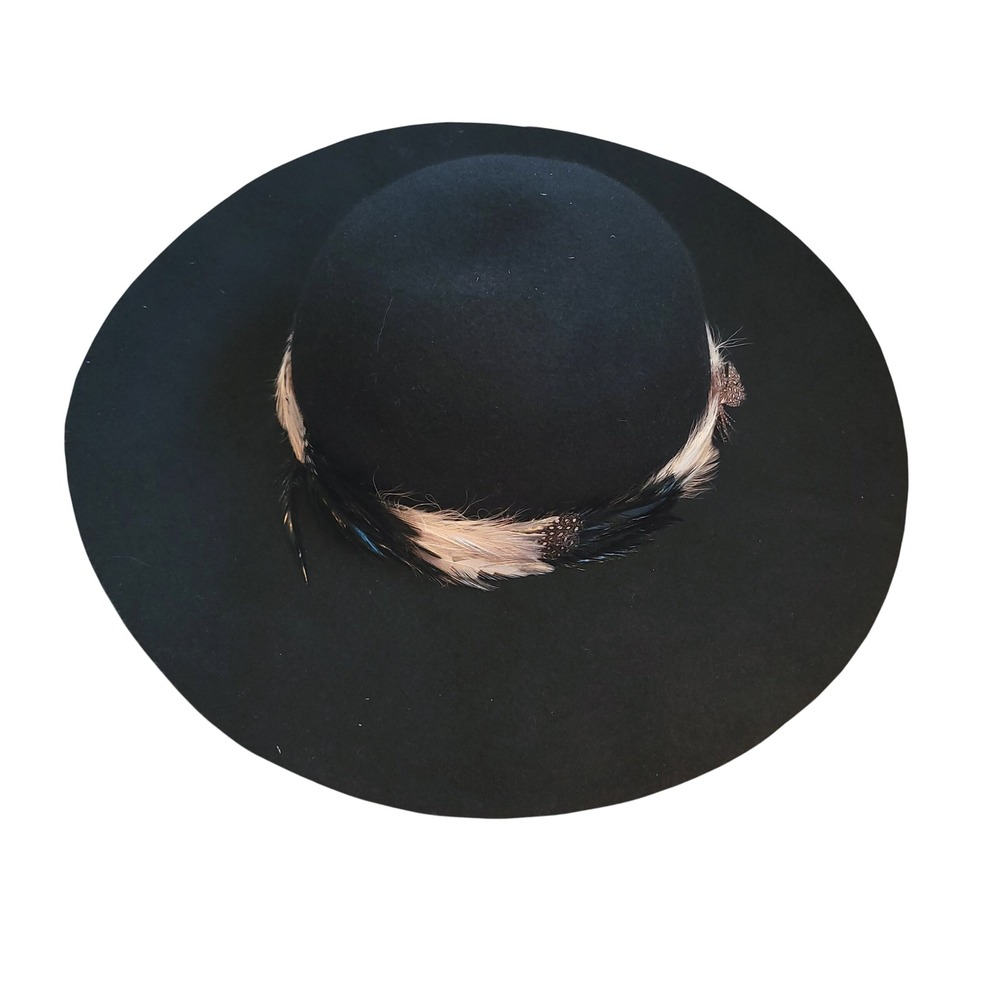 Lovely Bird Feather Band Floppy Hat Wide Brim 100% Wool Boho Festival Black‎ Fun